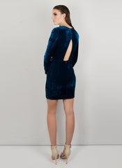 MADOLA-THE-LABEL. JULIA DRESS. Premium blue velvet fabric. Long sleeve dress, buttons. Fully lined. Designed in Australia