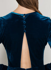 MADOLA-THE-LABEL. JULIA DRESS. Premium blue velvet fabric. Long sleeve dress, buttons. Fully lined. Designed in Australia