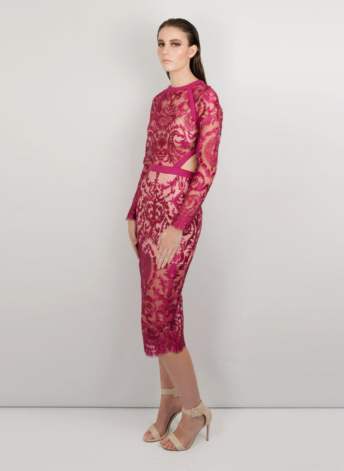 MADOLA-THE-LABEL - SOPHIA DRESS. Delicate embroidery mesh fabric. Front/back cut-outs. Bodice transparent, nude colour mesh lining. Designed in Australia