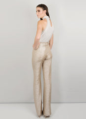 MADOLA-THE-LABEL - STELLA PANT. High waist, luxurious textured metallic fabric, flared leg, lightweight, fitted hip. Designed in Australia.