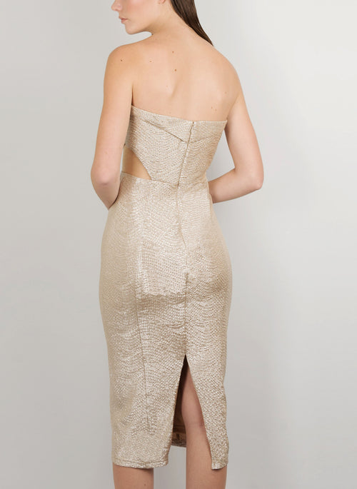 MADOLA-THE-LABEL. OLIVIA DRESS. Strapless party dress. Metallic fabric. Side transparent mesh. Inbuilt corset, Princess-line, fully-lined, Designed in Australia